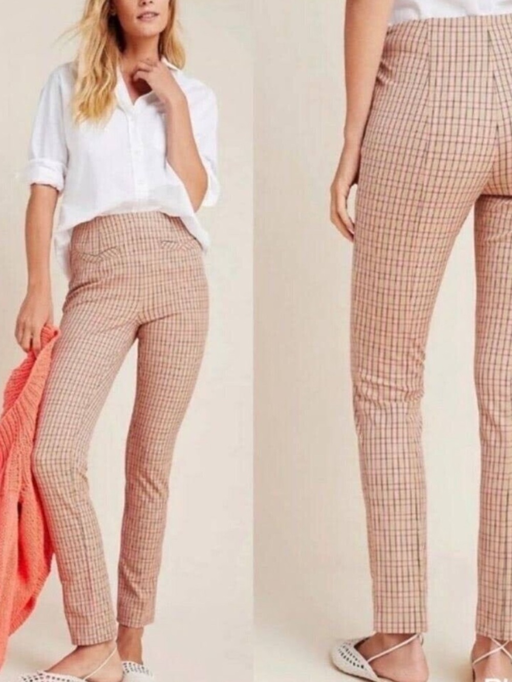 Anthropologie The Essential Pink/Tan Plaid Slim Cropped Pants Size 2 - Picture 1 of 12